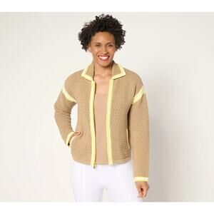 Isaac Mizrahi Live! Clubhouse Crochet Zip Front Sweater Cardigan Sand Womens S